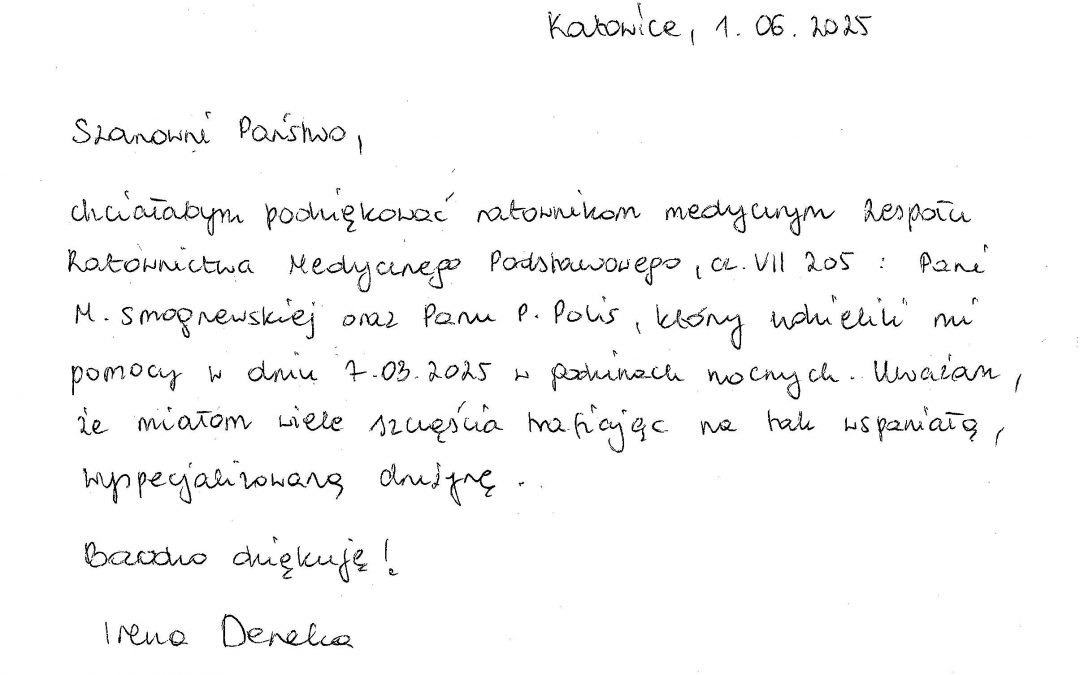 Podziękowanie dla Ratownictwa Medycznego